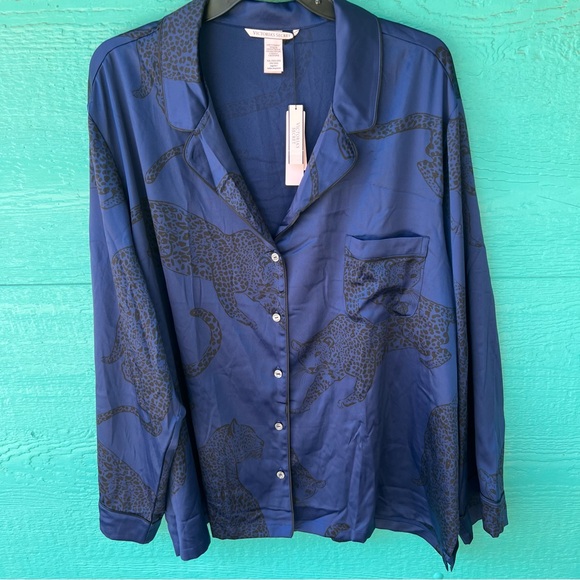 VICTORIAS SECRET SATIN MIDNIGHT BLUE PANTHER LEOPARD PAJAMA TOP SIZE XXL NWT - Picture 1 of 9